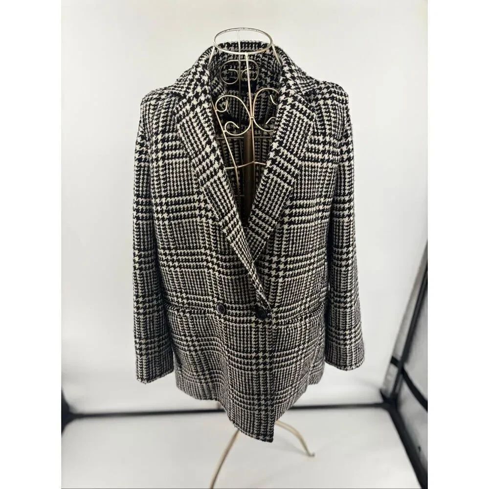 Talbots Houndstooth Blazer Jacket Black White Wool Blend Button Front Size 12